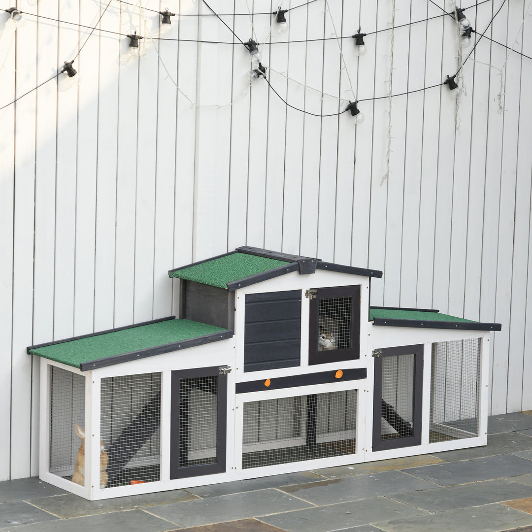PawHut Large Rabbit Hutch with Double Runs, Wooden Bunny Cage Outdoor with Removable Tray, Ramps, Roof, 80" x 18" x 31.5", Gray