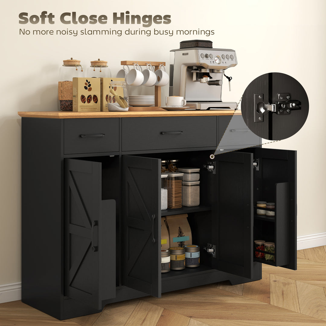 HOMCOM 47" Buffet Cabinet with Soft-Close Hinges, Farmhouse Sideboard with 3 Drawers, Adjustable Shelves and Spice Racks, White