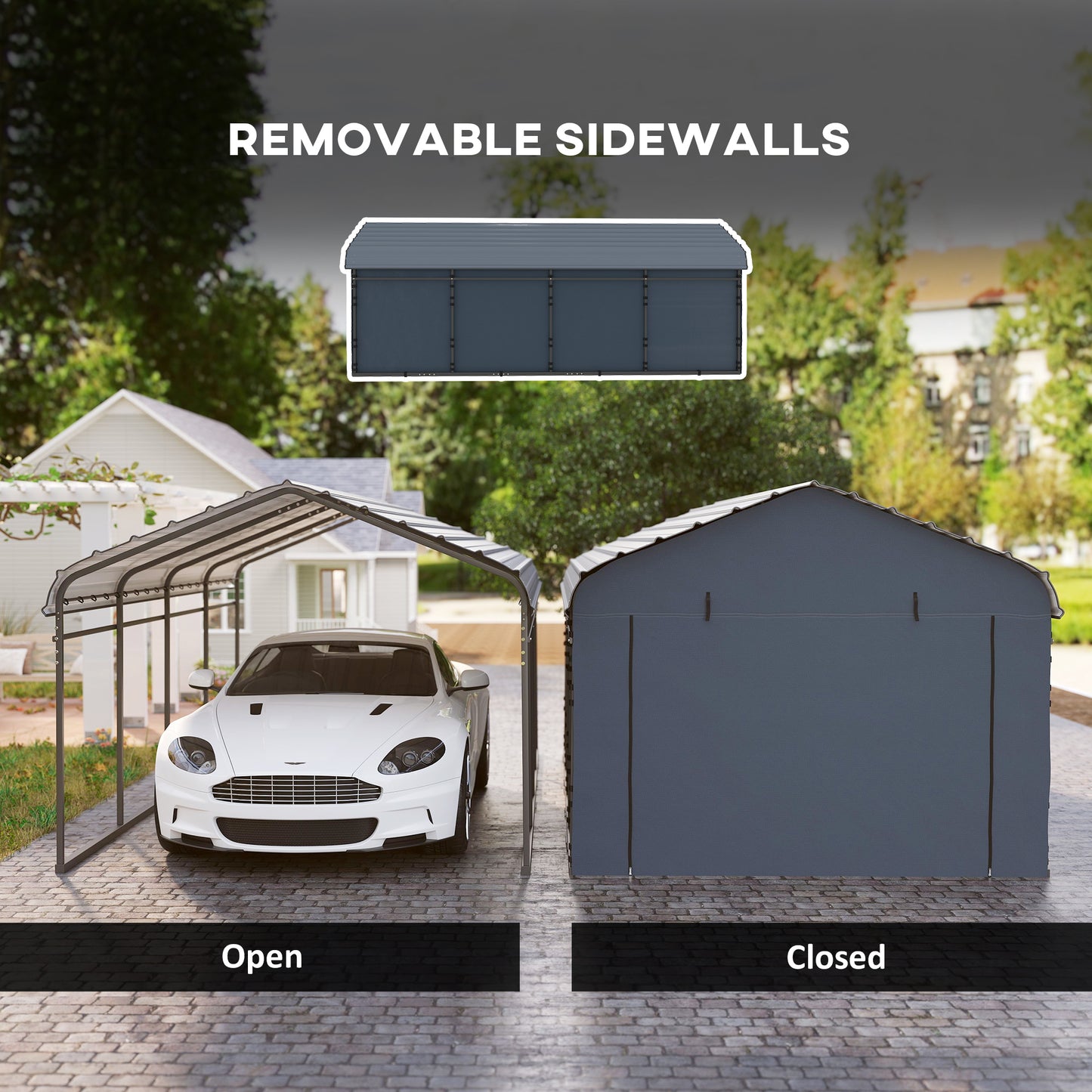 Outsunny 10' x 15' Metal Carport, Heavy Duty Garage Car Shelter with Galvanized Metal Roof and Removable Sidewalls, Dark Grey