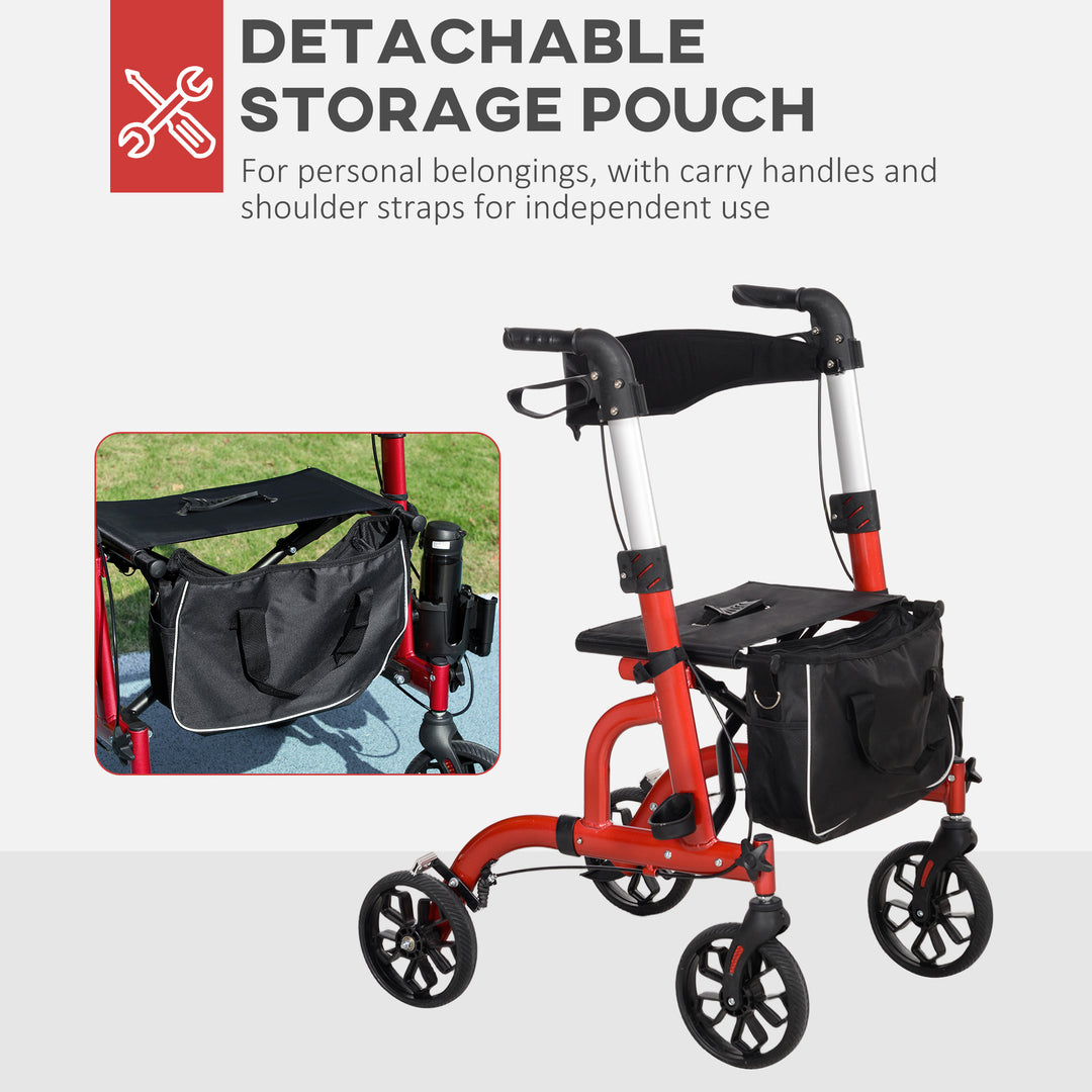 HOMCOM Rollator Walker for Seniors and Adults with 8'' Wheels, Padded Seat and Backrest,  Storage Bag Red