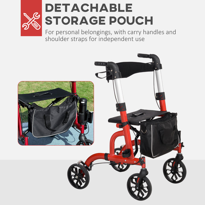HOMCOM Rollator Walker for Seniors and Adults with 8'' Wheels, Padded Seat and Backrest,  Storage Bag Red