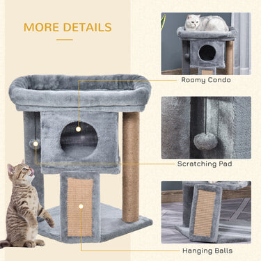 PawHut Cat Tree, Small Cat Tower with Perch, Scratching Post, Cat Condo, Toy Ball for Kitty, Indoor Use, Grey