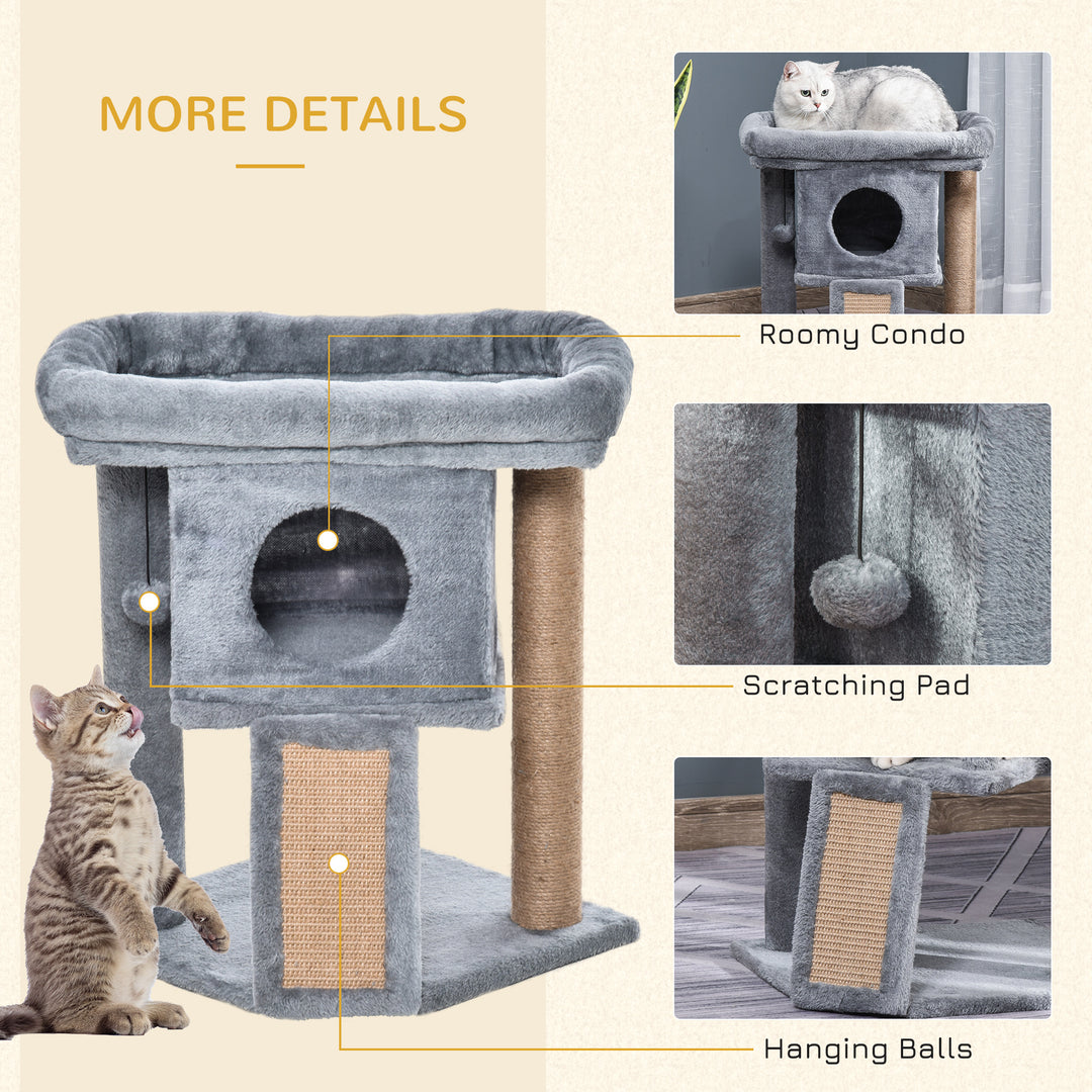 PawHut Cat Tree, Small Cat Tower with Perch, Scratching Post, Cat Condo, Toy Ball for Kitty, Indoor Use, Grey