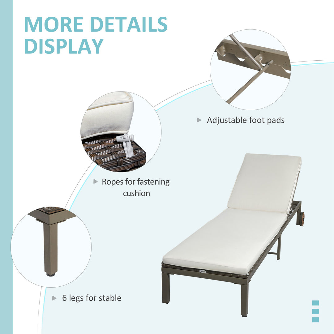 Outsunny Patio Rattan Sun Lounger with 4-Level Adjustable Backrest and Wheels, Wicker Chaise Lounge Chair with Cushion, for Patio, Deck, Poolside Cream White