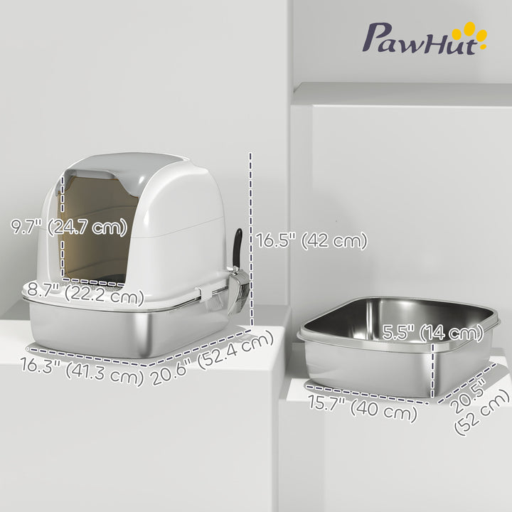 PawHut Large Stainless Steel Cat Litter Box with Lid, Enclosed Cat Litter Box with Flip Cover, Scoop
