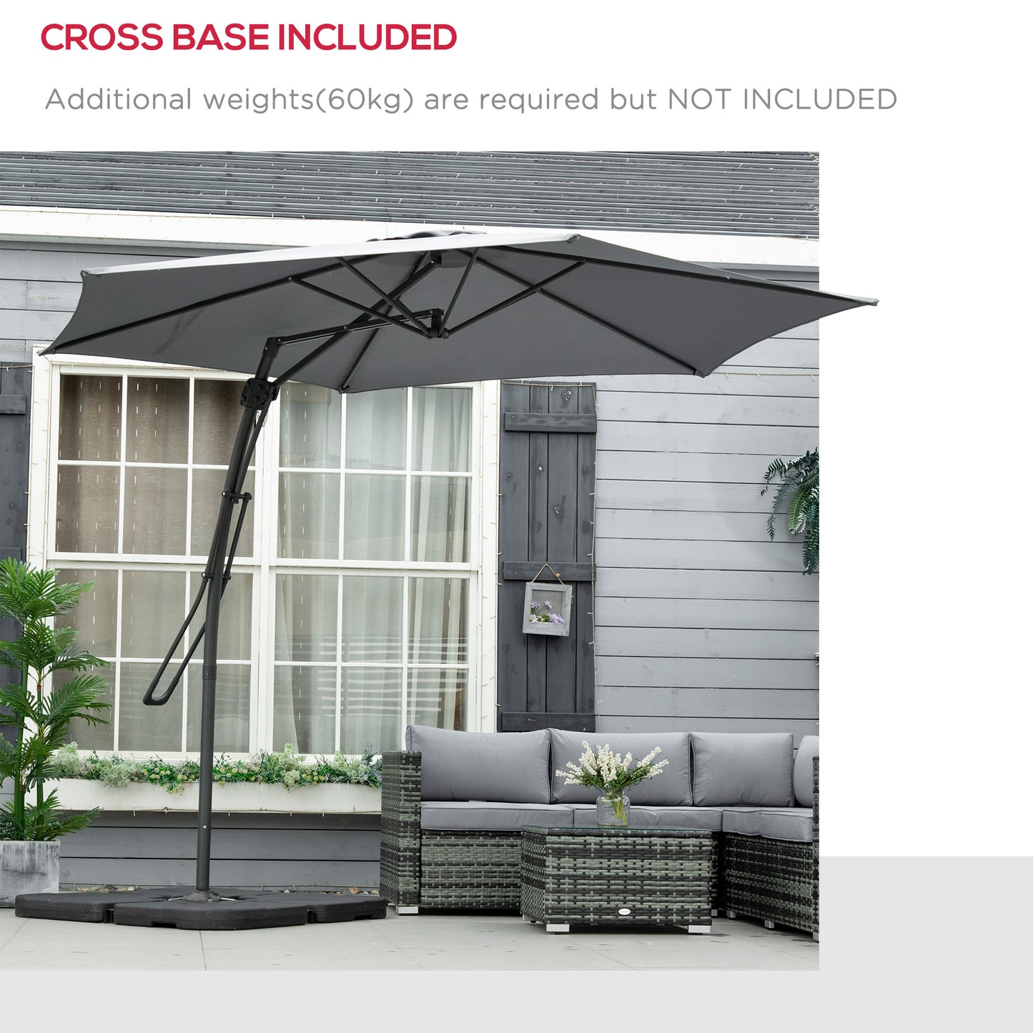 Outsunny 10ft Cantilever Patio Umbrella Offset Parasol with Crank Handle, Cross Base for Garden, Deck, Dark Grey