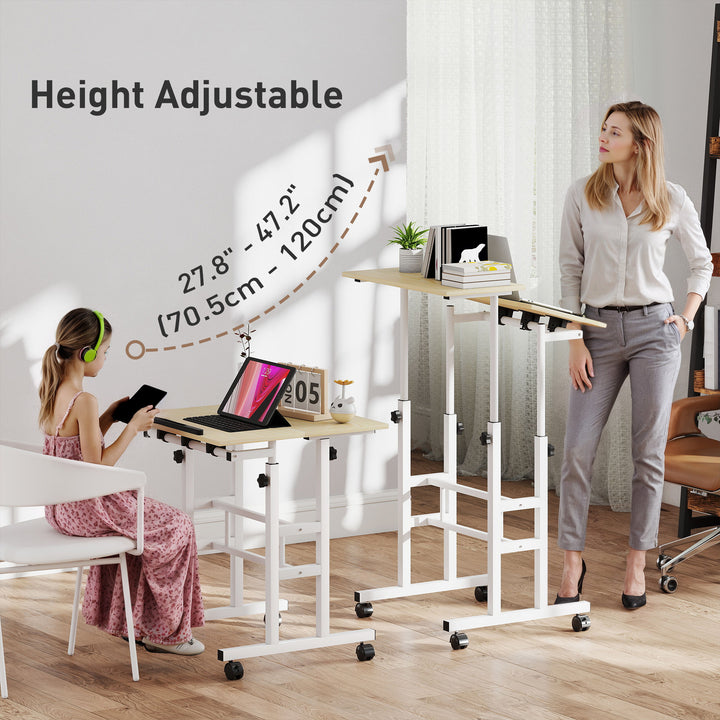 HOMCOM Stand Up Desk, Height & Angle Adjustable Computer Desk with Wheels for Standing or Sitting, Laptop Table, Natural