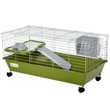 PawHut Small Animal Cage, Rolling Bunny Cage, Guinea Pig Cage with Food Dish, Water Bottle, Hay Feeder, Platform, Ramp, Green