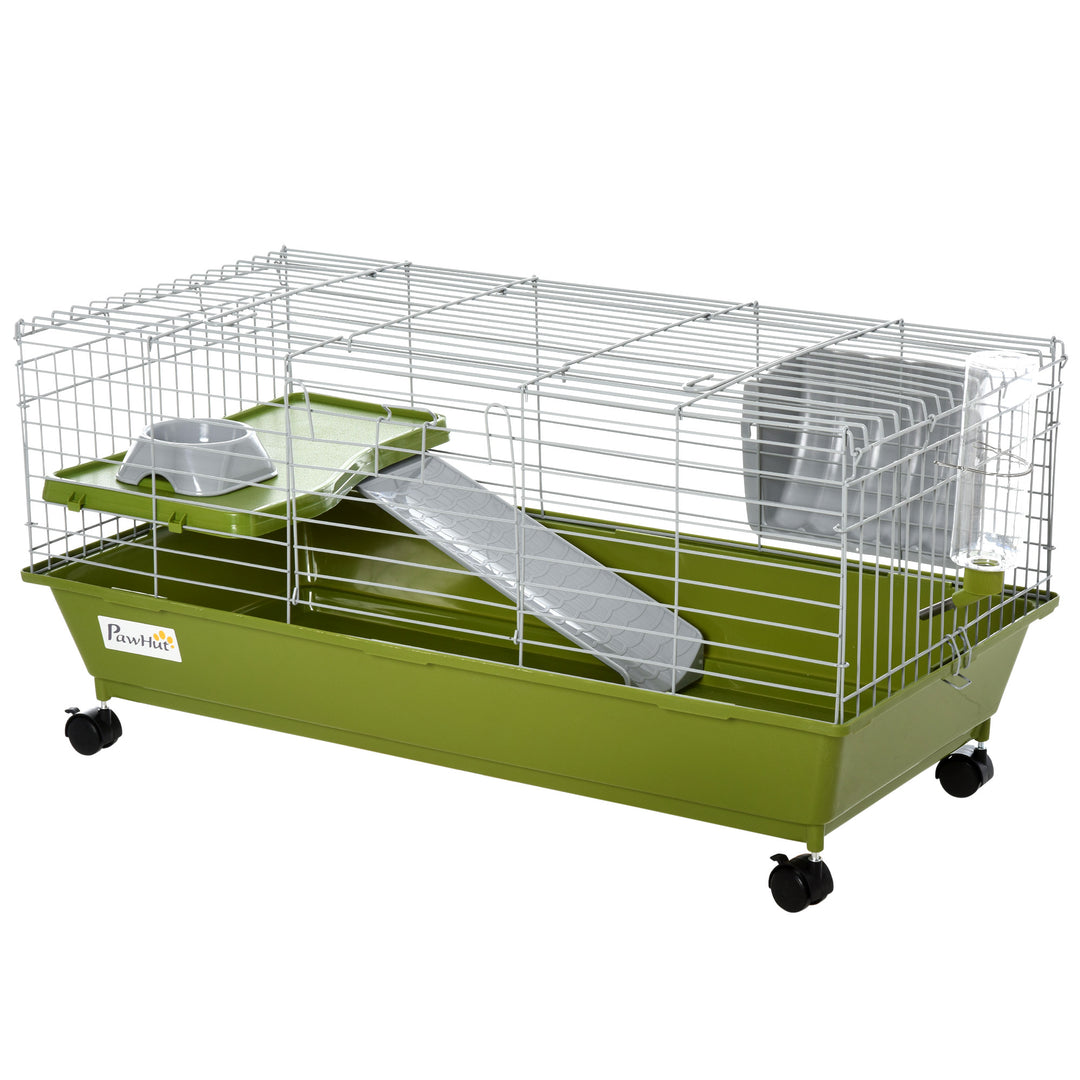 PawHut Small Animal Cage, Rolling Bunny Cage, Guinea Pig Cage with Food Dish, Water Bottle, Hay Feeder, Platform, Ramp, Green