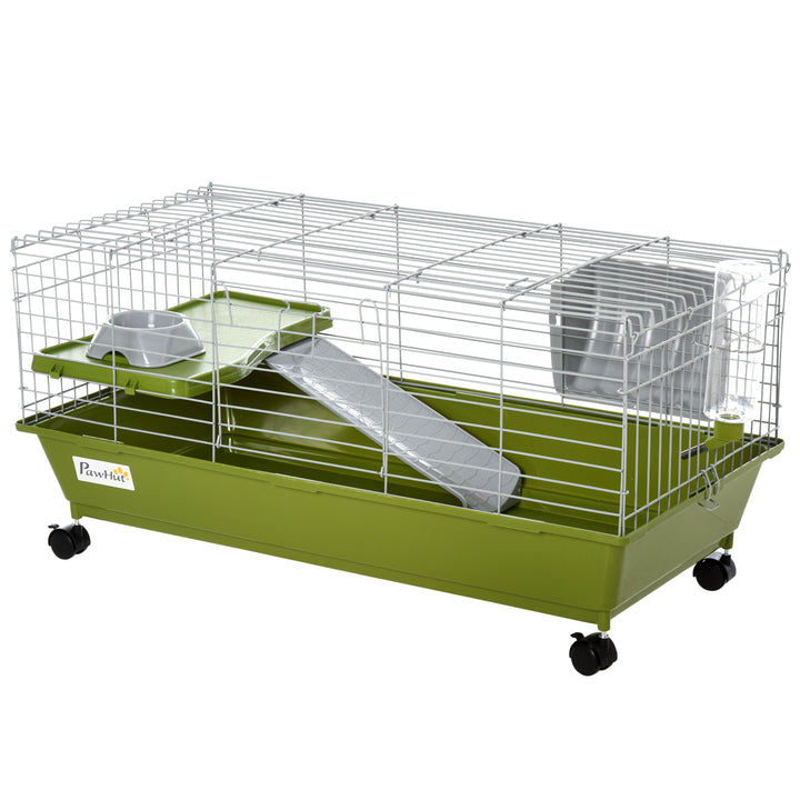 PawHut Small Animal Cage, Rolling Bunny Cage, Guinea Pig Cage with Food Dish, Water Bottle, Hay Feeder, Platform, Ramp, Green