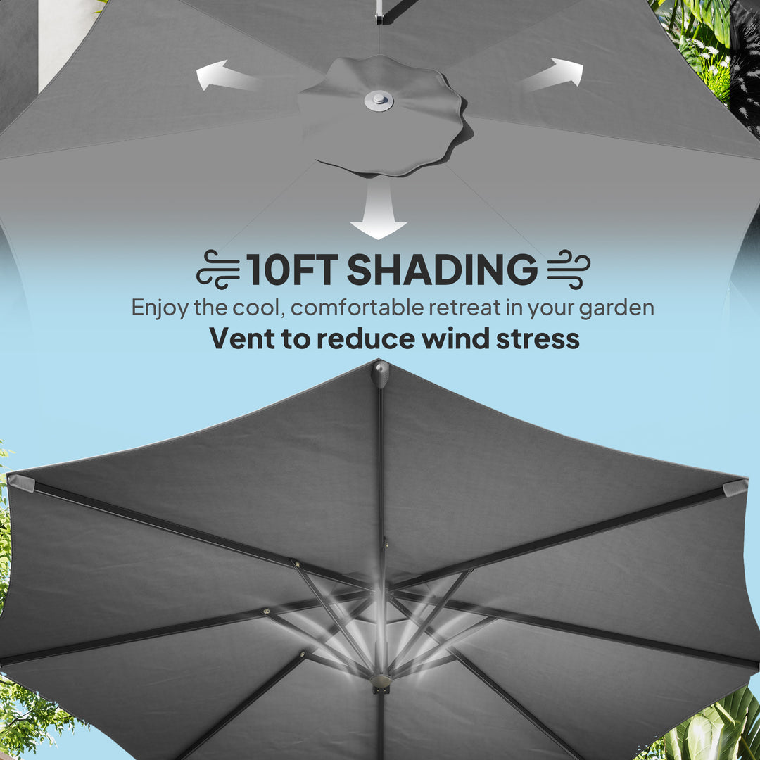 Outsunny 10' Offset Patio Umbrella Cantilever Umbrella with Aluminium Pole 360° Rotation and Tilt Adjustment, Grey