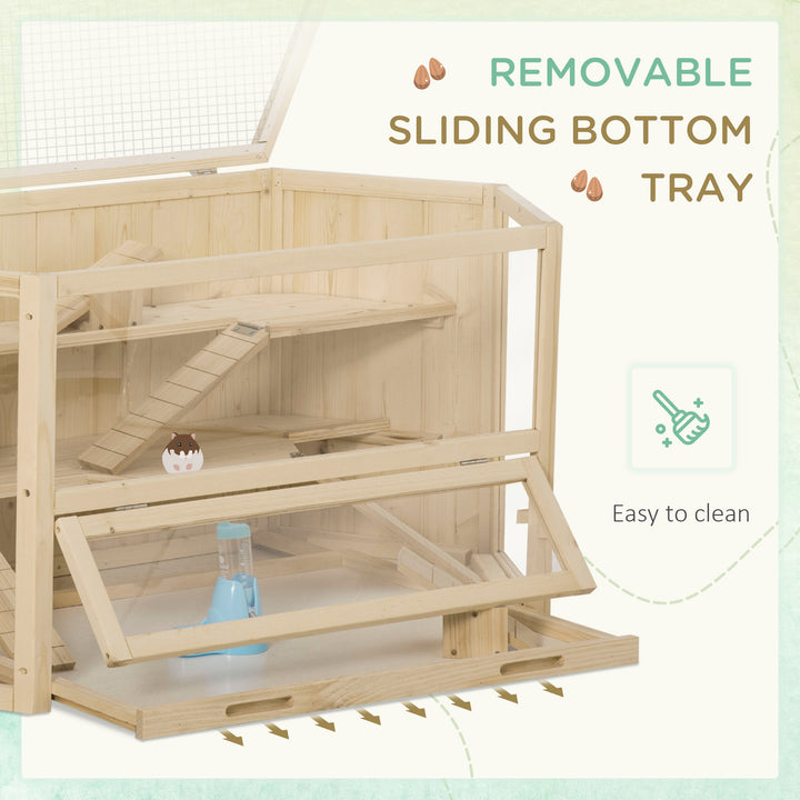 PawHut Wooden Large Hamster Cage Mouse Rats Small Animal Exercise Play House 3 Tier with Tray, Seesaws, Water Bottle