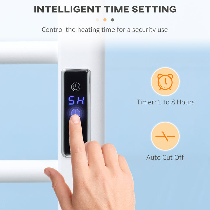 HOMCOM 8-Bar Heated Towel Warmer Rack with Built-in Timer and LED Indicators, Wall Mounted & Free Standing Carbon Steel Electric Towel Bar with Adjustable Temperature, White