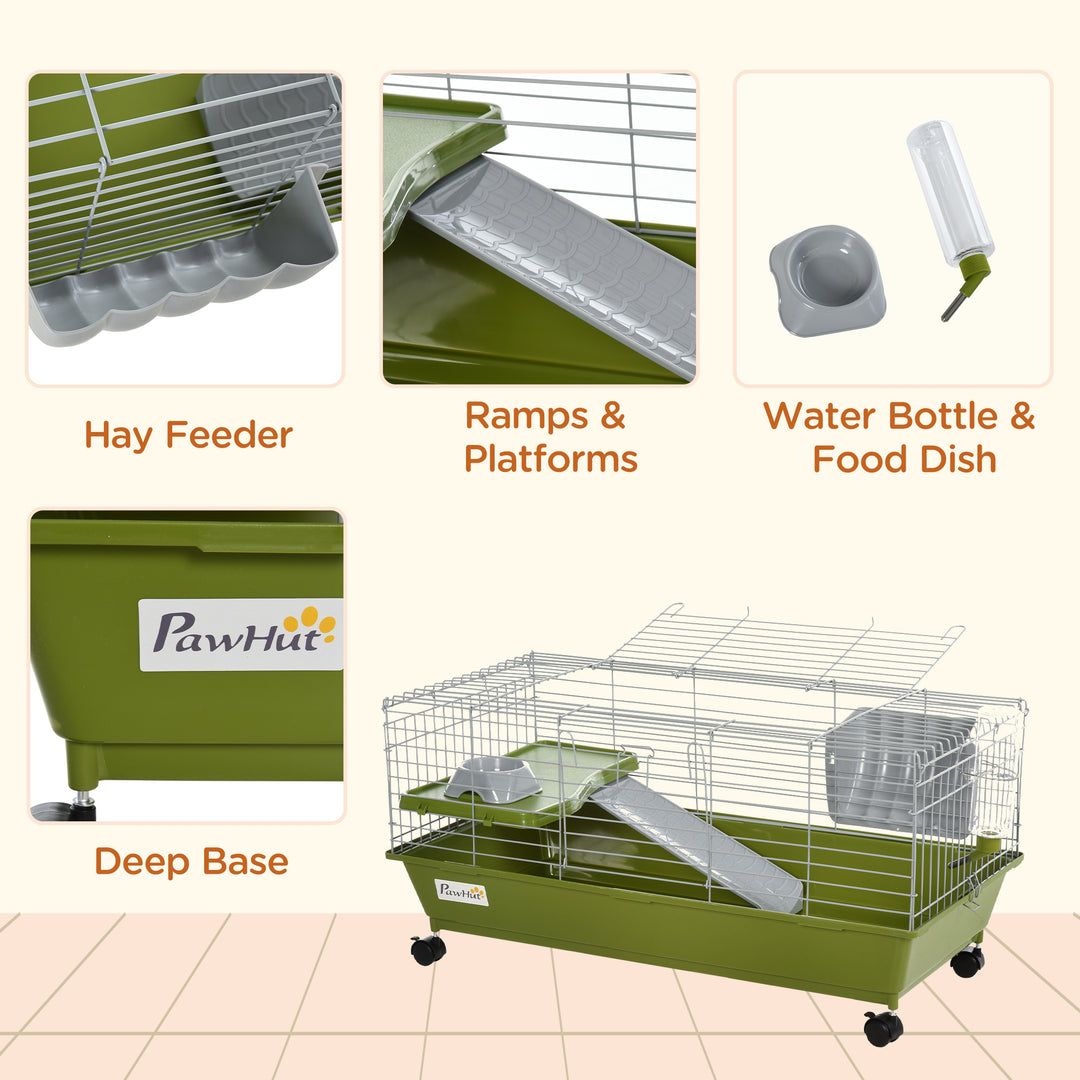 PawHut Small Animal Cage, Rolling Bunny Cage, Guinea Pig Cage with Food Dish, Water Bottle, Hay Feeder, Platform, Ramp, Green