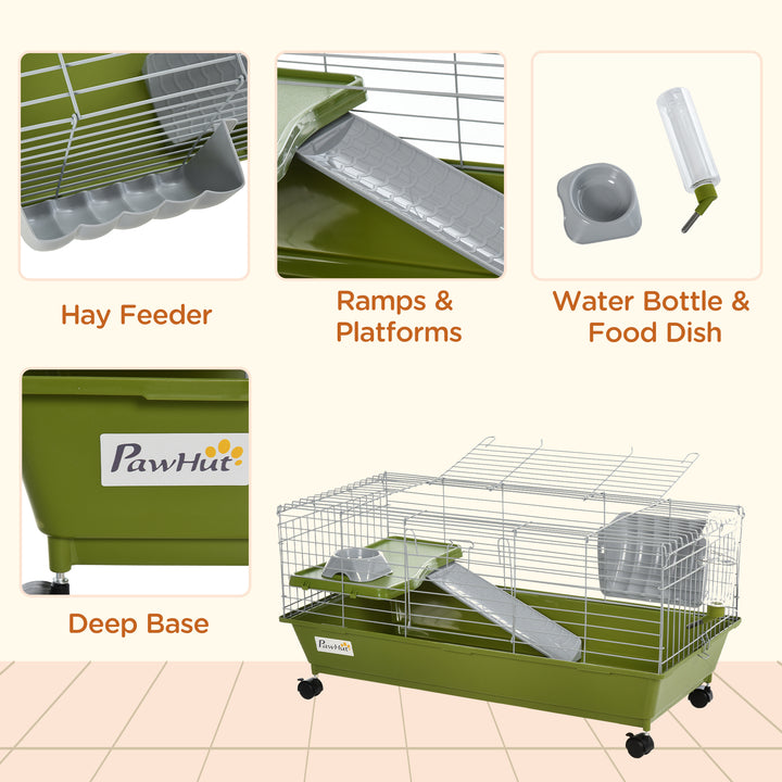 PawHut Small Animal Cage, Rolling Bunny Cage, Guinea Pig Cage with Food Dish, Water Bottle, Hay Feeder, Platform, Ramp, Green