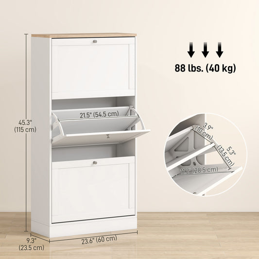 HOMCOM Modern Shoe Storage with 3 Flip Drawers and Adjustable Shelves, Shoe Cabinet Organizer for 18 Pairs of Shoes, White