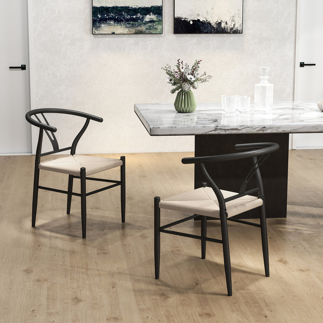 HOMCOM Set of 2 Weave Dining Chairs, Mid-Century Modern Dining Room Chairs with Y-Shaped Backrest and Hemp Seat, Black