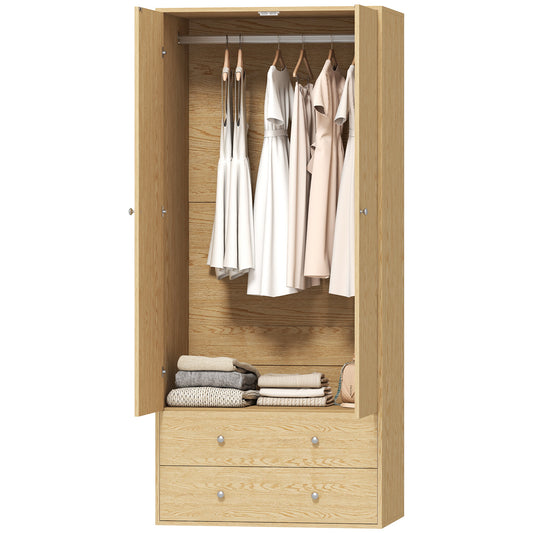 HOMCOM Modern Wardrobe Closet Armoire with 2 Drawers and Hanging Rod, Clothes Storage Organizer for Bedroom, Natural Wood
