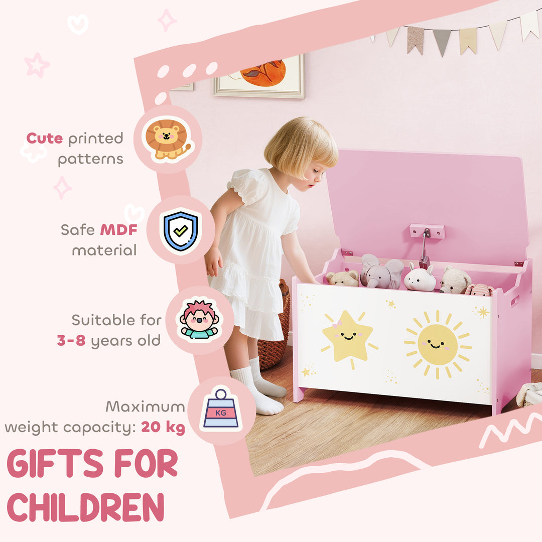Qaba Toy Chest, Kids Storage Chest with Lid, Safety Hinges and Groove Handles for Boys, Girls, Pink