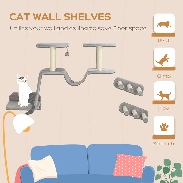 PawHut 3PCs Cat Wall Shelves w/ Scratching Post, Perches, Steps, Ladder, Light Grey
