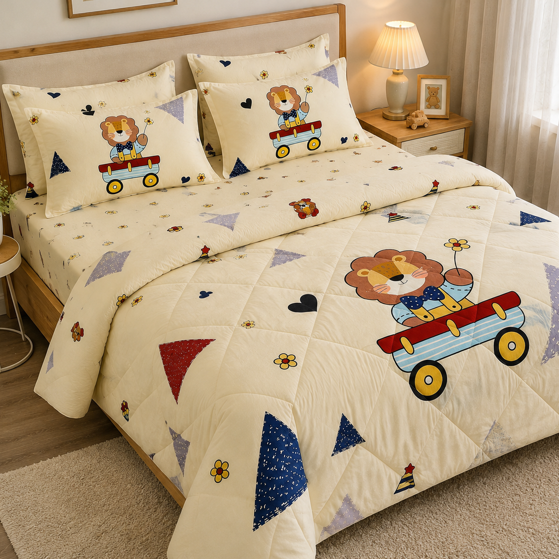 Aarniva Breathable Polyester Little Lion Printed Comforter Set | Double/Twin | 250 GSM | Ultra-Soft & Cozy | Soccer Navy | 5-Piece Set