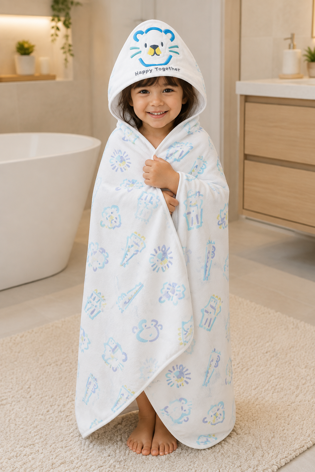 Aarniva Kids Hooded Bath Towel | Soft & Cozy | Animal & Fun Prints | Happy Lion Blue