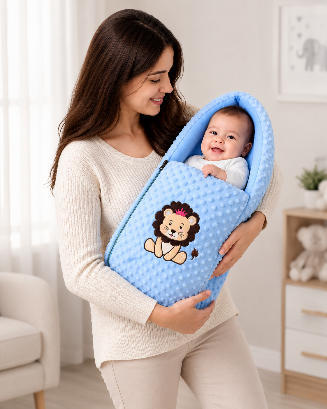 Aarniva Baby Carry Nest Sleeping Bag | Soft Bubble Fabric | Zipper Closure | Lion Embroidery | Sky Blue
