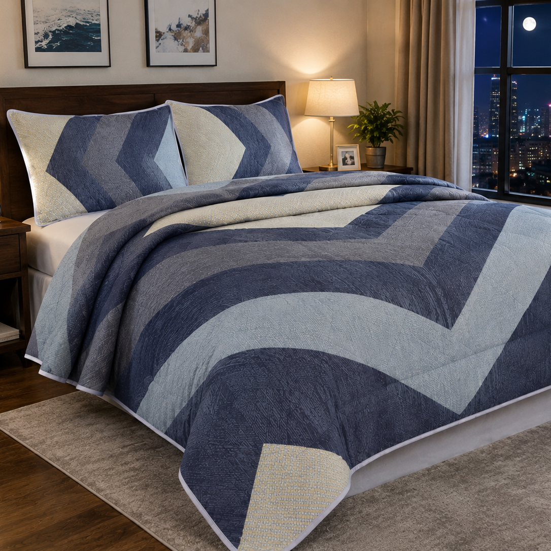 Aarniva Breathable Polyester Midnight Chevron Comforter Set | King/Queen | 250 GSM | Ultra-Soft & Cozy | Modern Chevron | 5-Piece Set