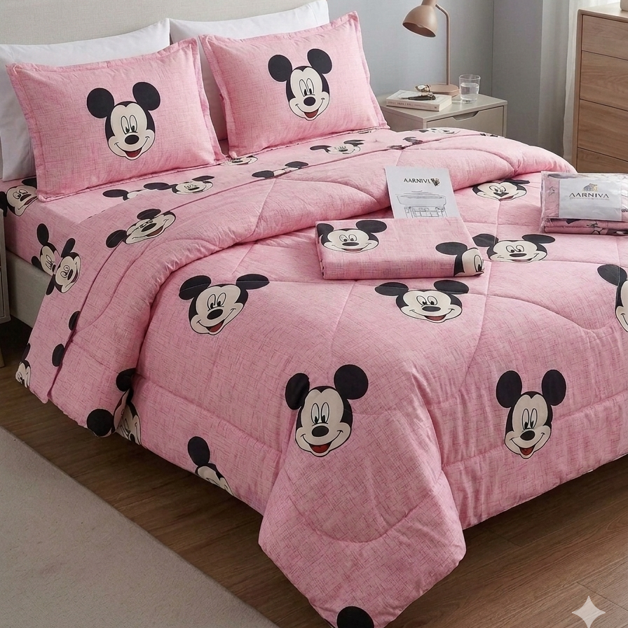 Aarniva Breathable Polyester Happy Mouse Comforter Set | King/Queen | 250 GSM | Ultra-Soft & Cozy | Blush Pink | 5-Piece Set