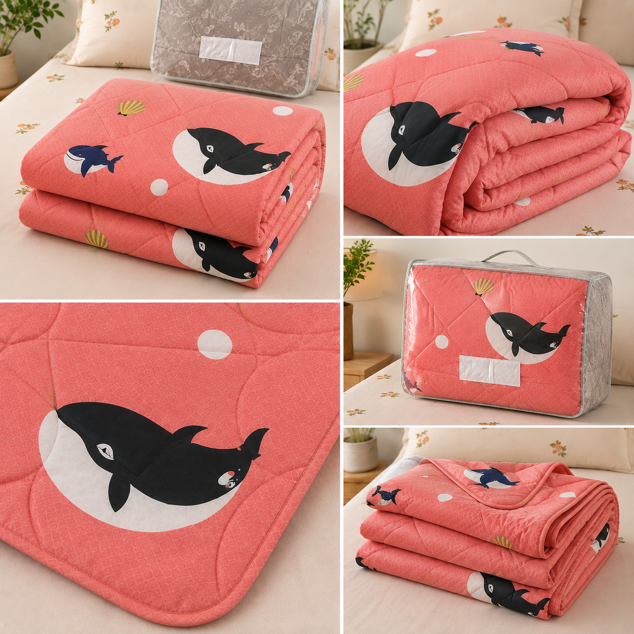 Aarniva Breathable Polyester Whale Wishes Comforter Set | Double/Twin | 250 GSM | Ultra-Soft & Cozy | Coral Pink | 5-Piece Set