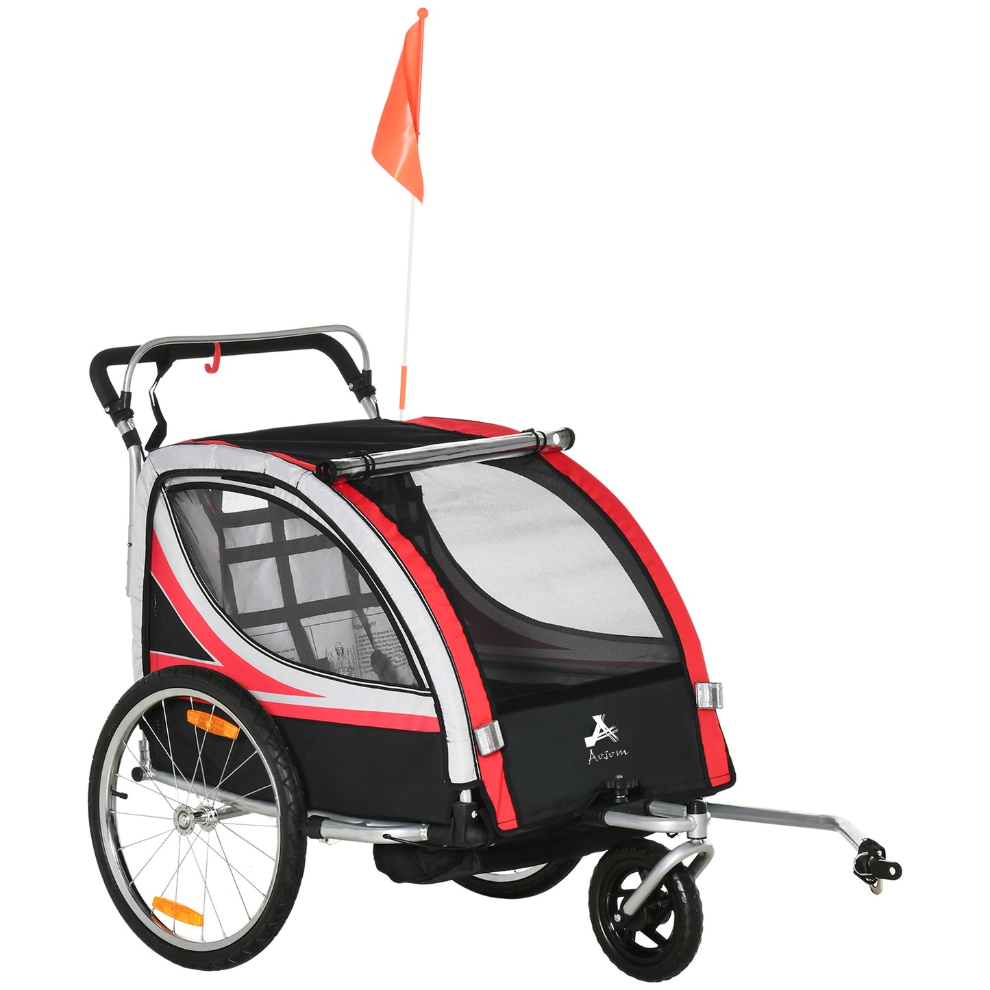 Aosom 2 Seat Bike Trailer for Kids 2-in-1 Double Baby Jogging Stroller with Handbrake, Rubber Wheels, 5 Point Harness, Waterproof Cover, Storage Bag, Reflectors, Yellow