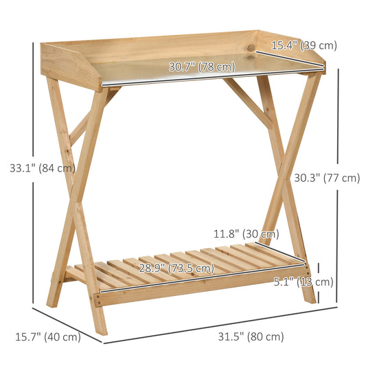 Outsunny Garden Potting Bench Table, Wooden Work Station, Outdoor Planting Workbench w/ Galvanized Metal Tabletop and Storage Shelf