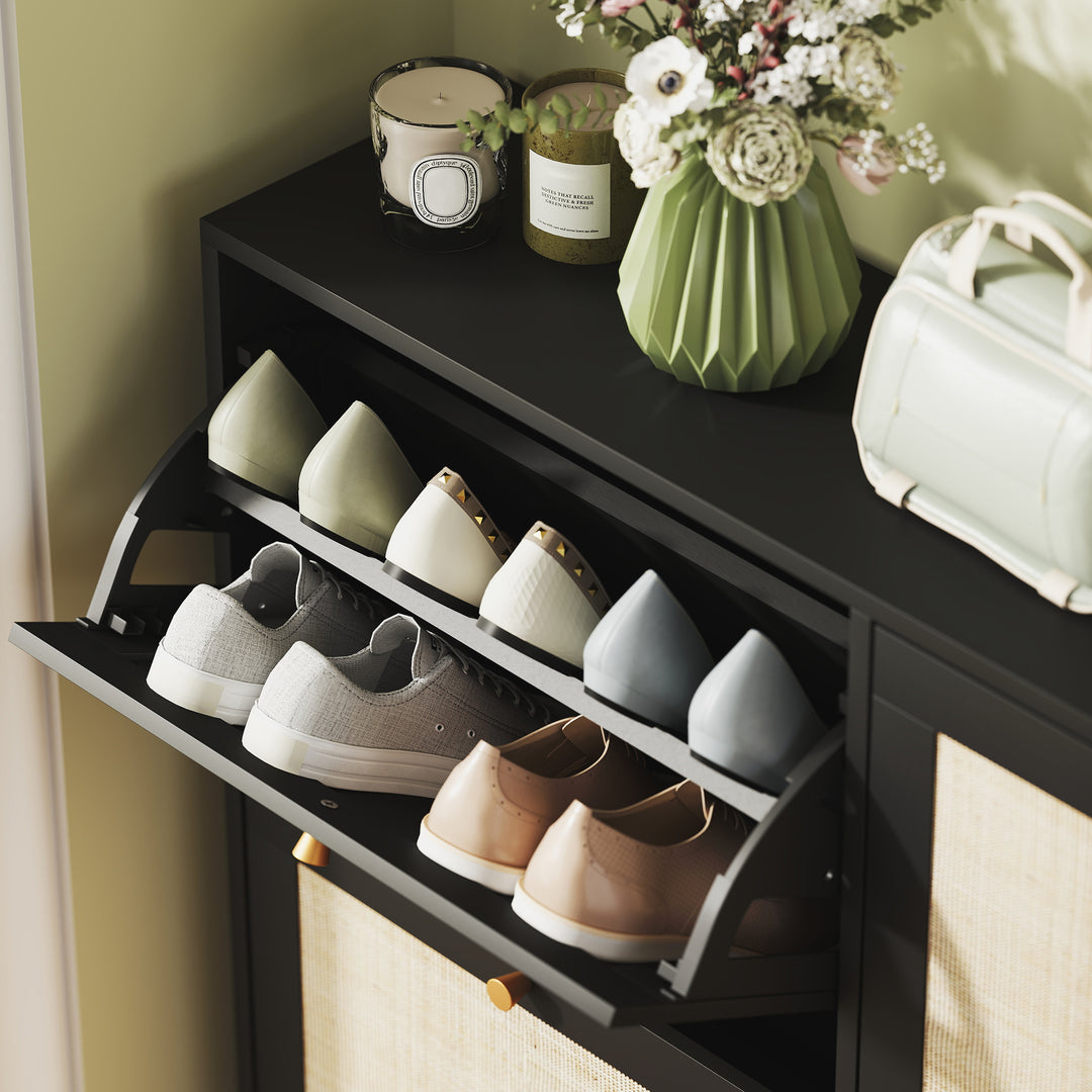 HOMCOM Narrow Shoe Storage Cabinet, Rattan Shoe Cabinet with 4 Flip Drawers and Adjustable Shelves for 20 Pairs, Black