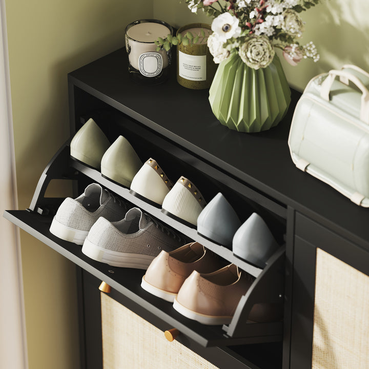 HOMCOM Narrow Shoe Storage Cabinet, Rattan Shoe Cabinet with 4 Flip Drawers and Adjustable Shelves for 20 Pairs, Black