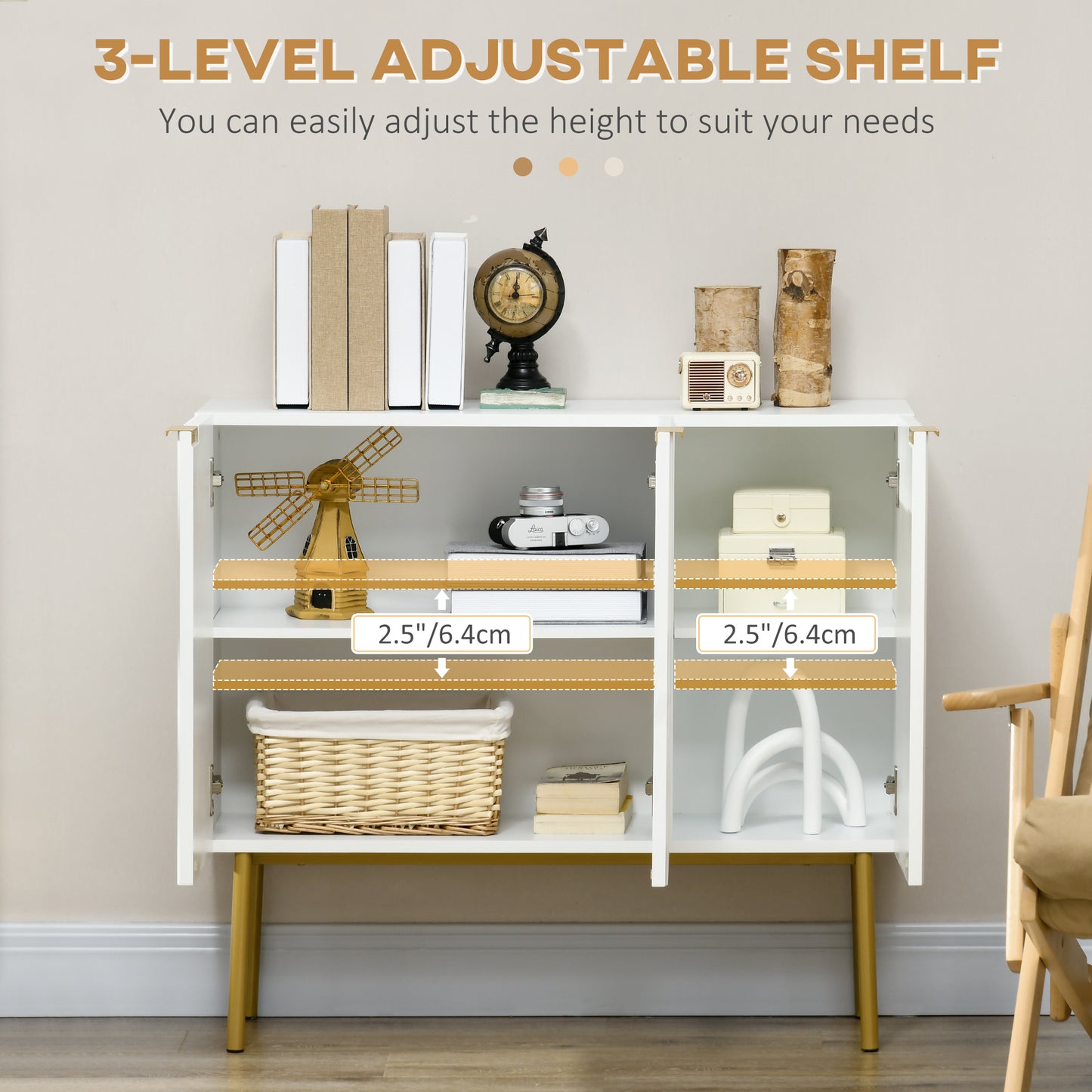 HOMCOM Modern Storage Cabinet Sideboard Buffet Cabinet with Gold Legs for Living Room Dining Room Hallway Grey