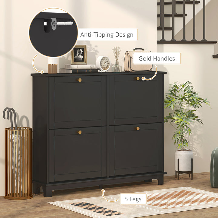 HOMCOM Modern Shoe Storage Cabinet, Narrow Shoe Cabinet with 4 Flip Drawers, Adjustable Shelves, 5 Legs for Entryway, Black