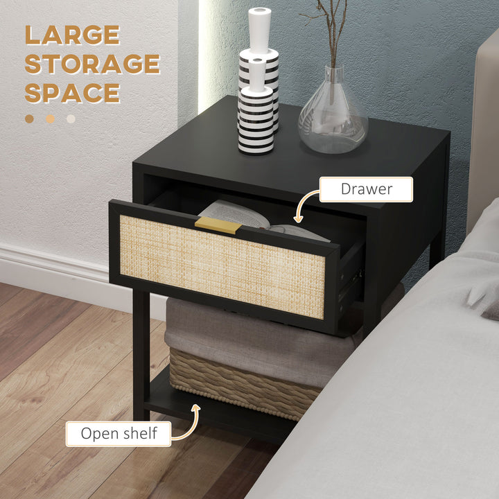 HOMCOM Boho Nightstand, Bedside Table with Rattan Drawer and Open Shelf, Side End Table for Bedroom, Living Room