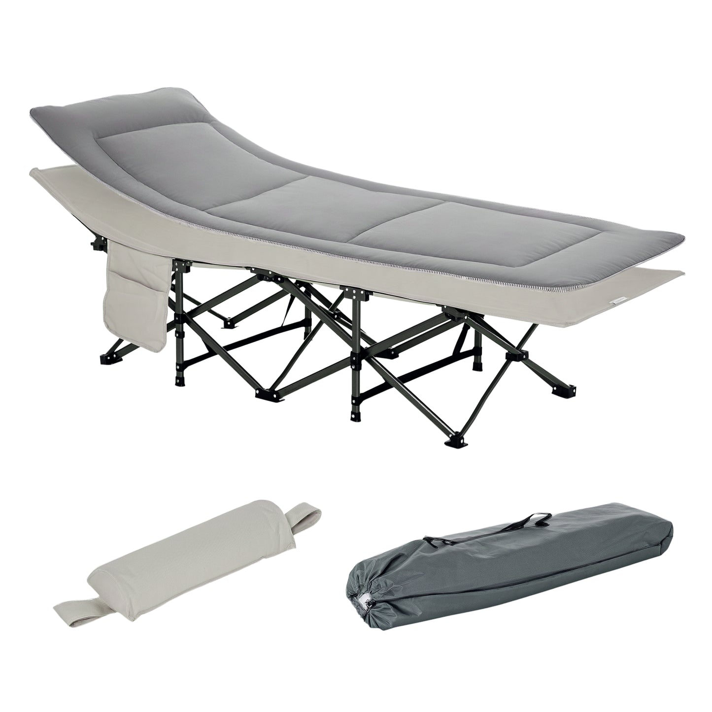 Outsunny Folding Camping Cot with Mattress & Pillow, Double Layer Oxford Heavy Duty Sleeping Cot with Carry Bag Light Grey