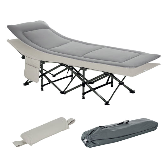 Outsunny Folding Camping Cot with Mattress & Pillow, Double Layer Oxford Heavy Duty Sleeping Cot with Carry Bag Light Grey