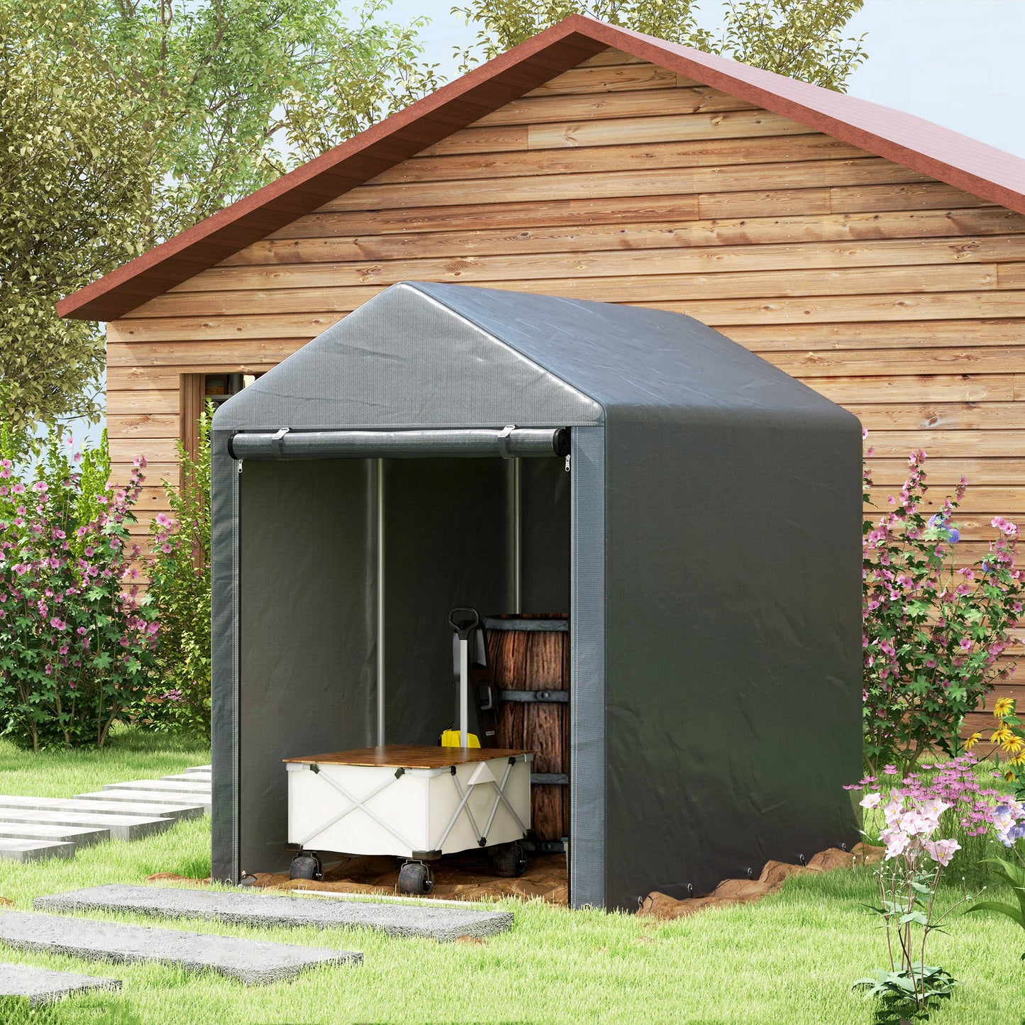 Outsunny 4 x 6ft Outdoor Storage Shed Tent, Portable Shed with Roll-up Door for Motorcycle, Bike, Garden Tools