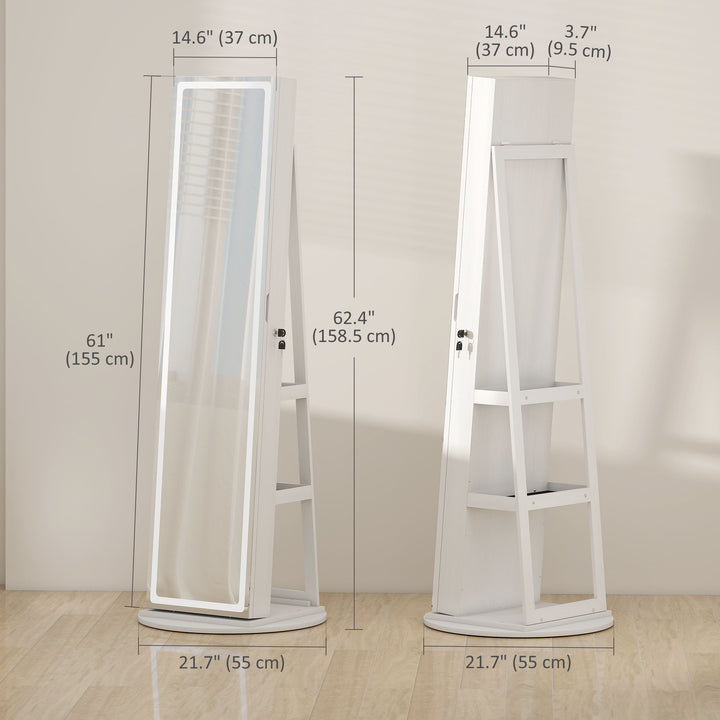 HOMCOM Jewelry Cabinet with Full Length Lockable Mirror, Standing Jewelry Armoire Organizer with LEDs, White