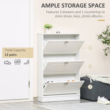 HOMCOM Shoe Cabinet with 3 Flip Drawers, Narrow Shoe Storage Cabinet, Holds 12 Pairs for Entryway, Hallway, White