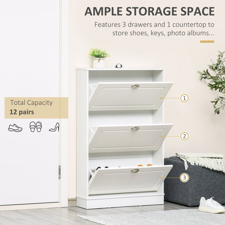 HOMCOM Shoe Cabinet with 3 Flip Drawers, Narrow Shoe Storage Cabinet, Holds 12 Pairs for Entryway, Hallway, White