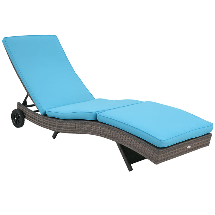 Outsunny Outdoor Adjustable Wicker Chaise Lounge Chair with Cushion & Wheels for Patio, Deck, Poolside, Sky Blue