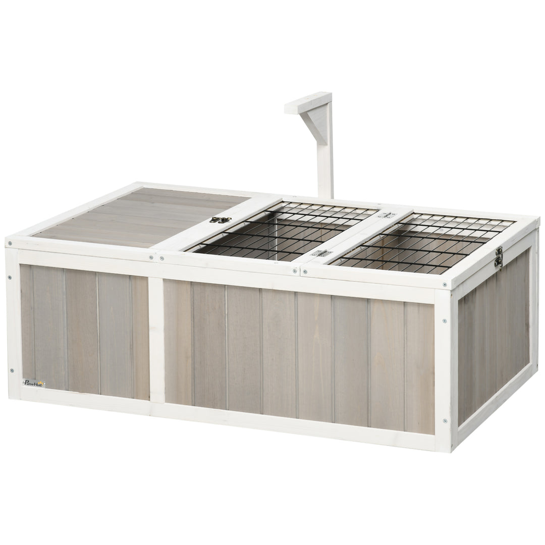 PawHut Wooden Tortoise Habitat with Openable Top, Run Cage, Two Rooms, Grey
