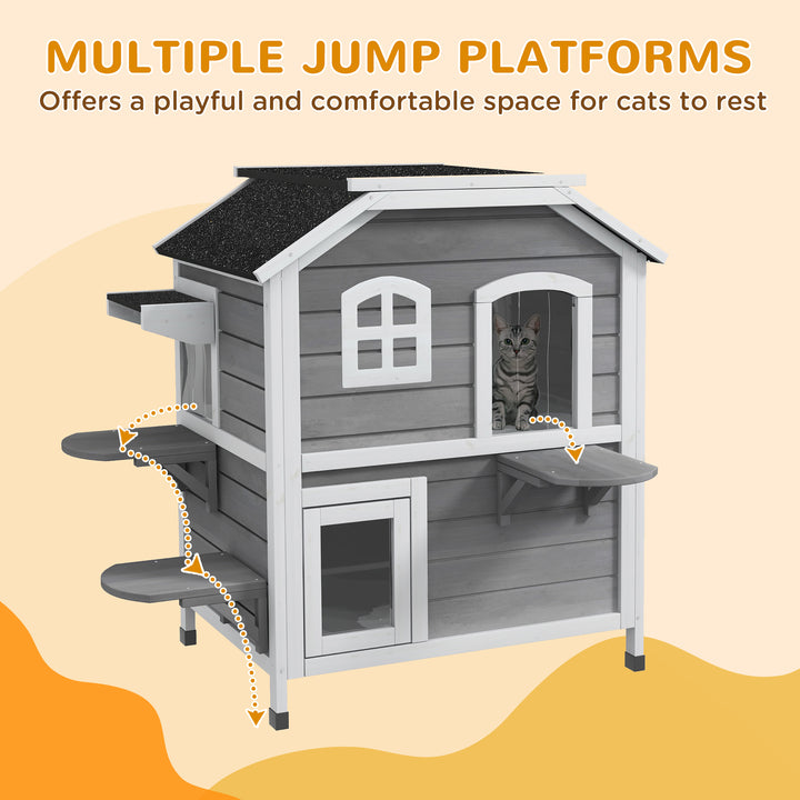 PawHut 2-Storey Outdoor Cat House, Wooden Catio with Openable Roof, Lounge Space, Fun Entrances, for Feral Cats, Yellow