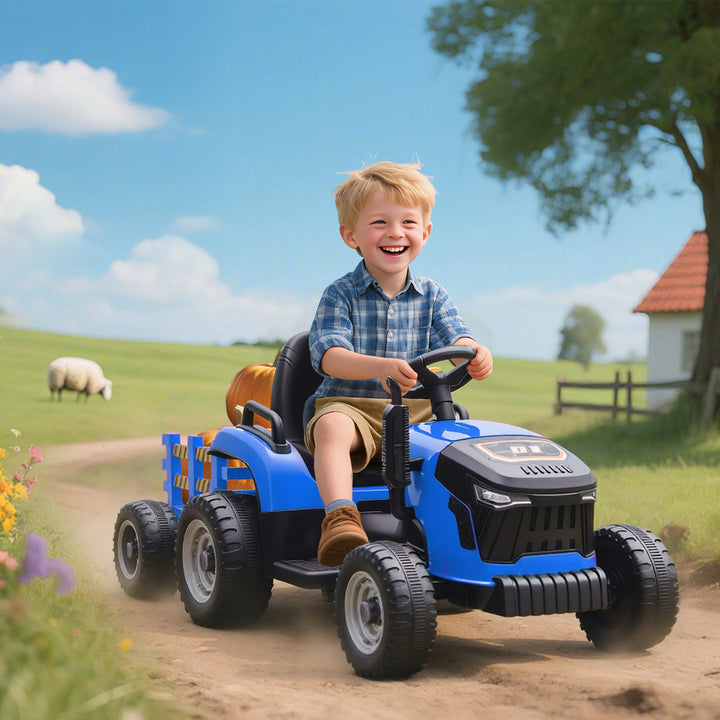 Qaba 12V Kids Ride On Tractor with Trailor, Remote Control, Music, Lights, Shifter, for Kids Ages 3-8 Years, Blue