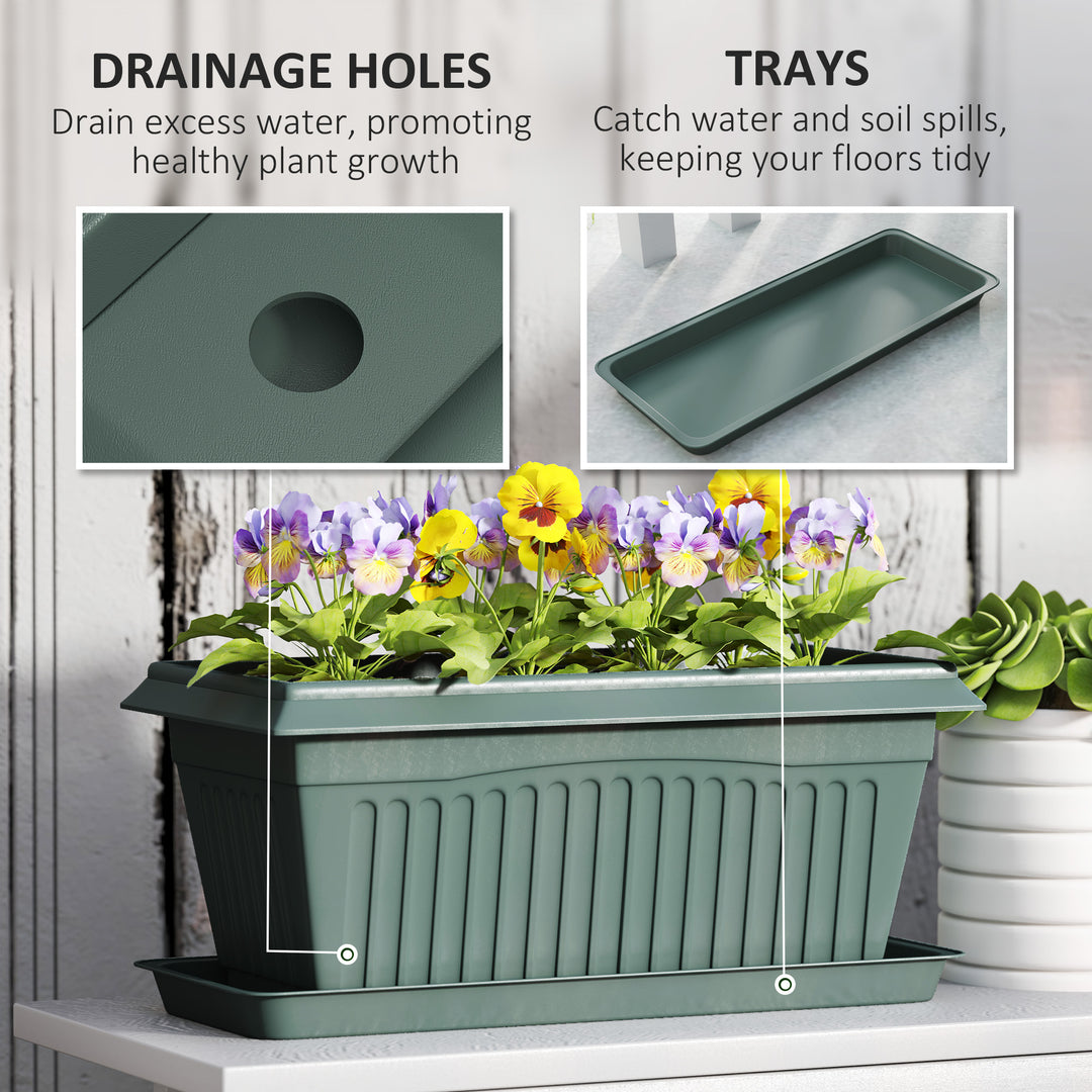 Outsunny 7 Pack 15.7" Plastic Flower Planters with Drainage Holes and Trays, Plant Pots for Indoor Outdoor Plants, Green