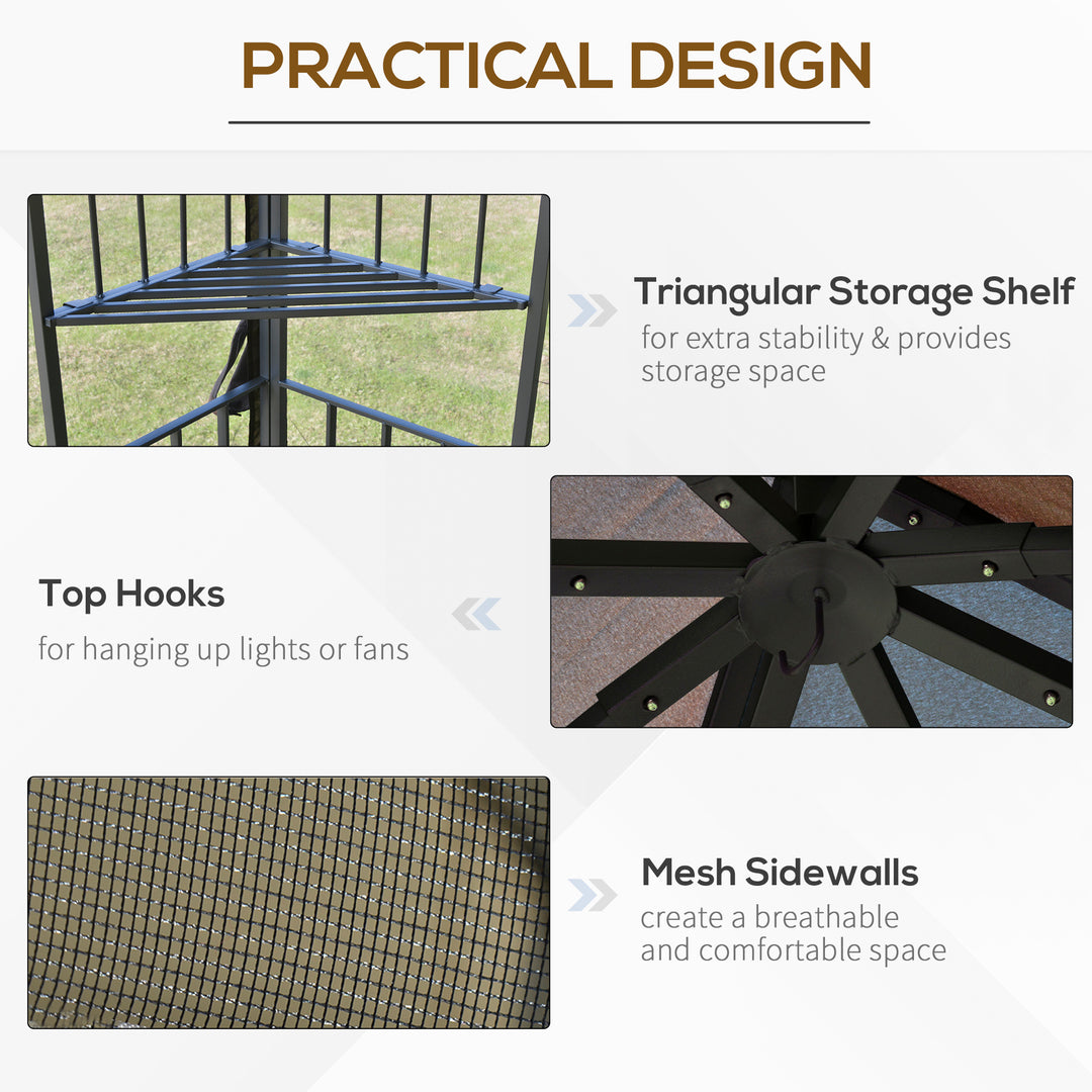 Outsunny 10'x10' Soft-top Patio Gazebo with Double Tier Roof, Mesh Curtains, Display Shelves, Top Hooks, Coffee