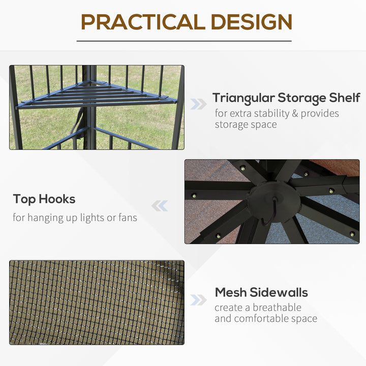 Outsunny 10'x10' Soft-top Patio Gazebo with Double Tier Roof, Mesh Curtains, Display Shelves, Top Hooks, Coffee